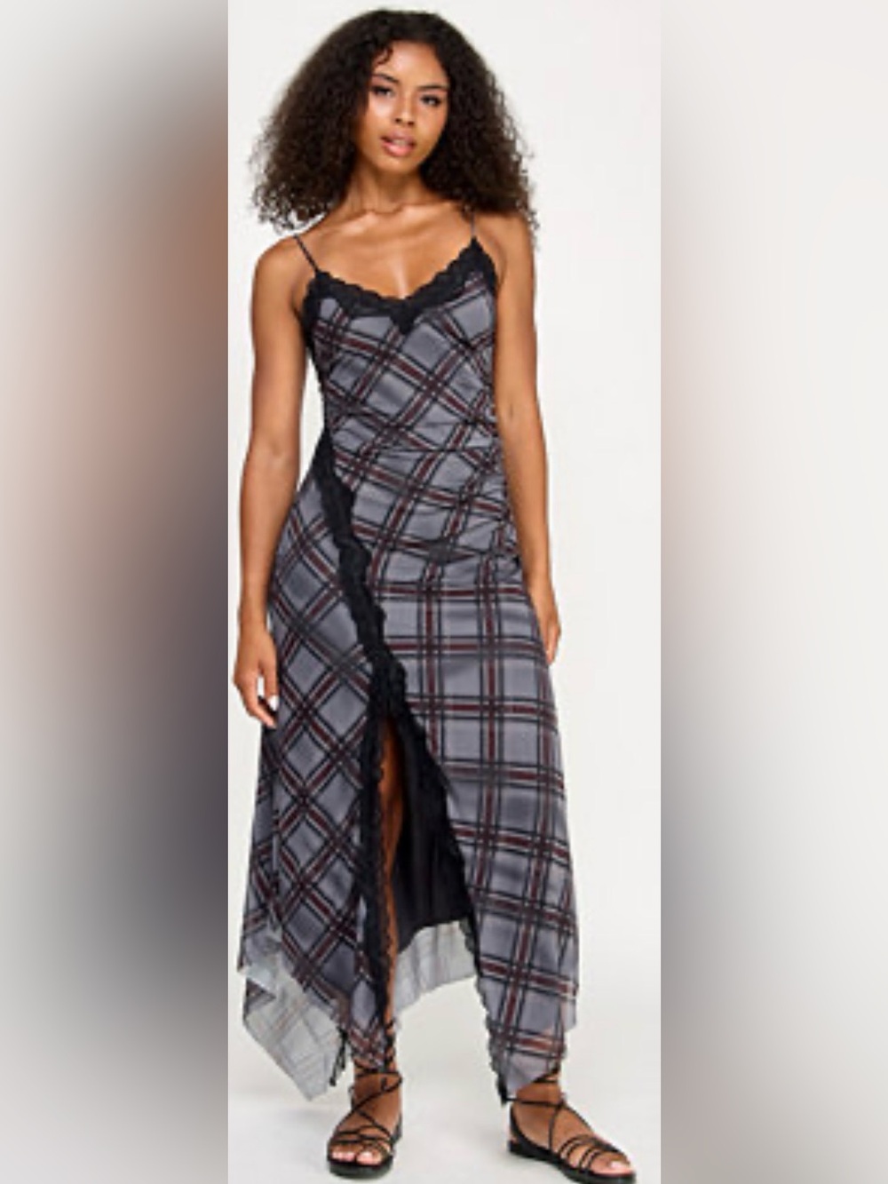 NWT Seni & Cade Size Small Plaid Lace Trim Handkerchief Midi Dress
